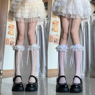 AYTofilms洛丽塔多层蕾丝花边飘带蝴蝶结小腿袜超薄透奶白中筒袜