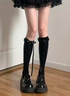 AY Tofilms蝴蝶结飘带花边芭蕾少女袜子洛丽塔可爱薄款黑色小腿袜