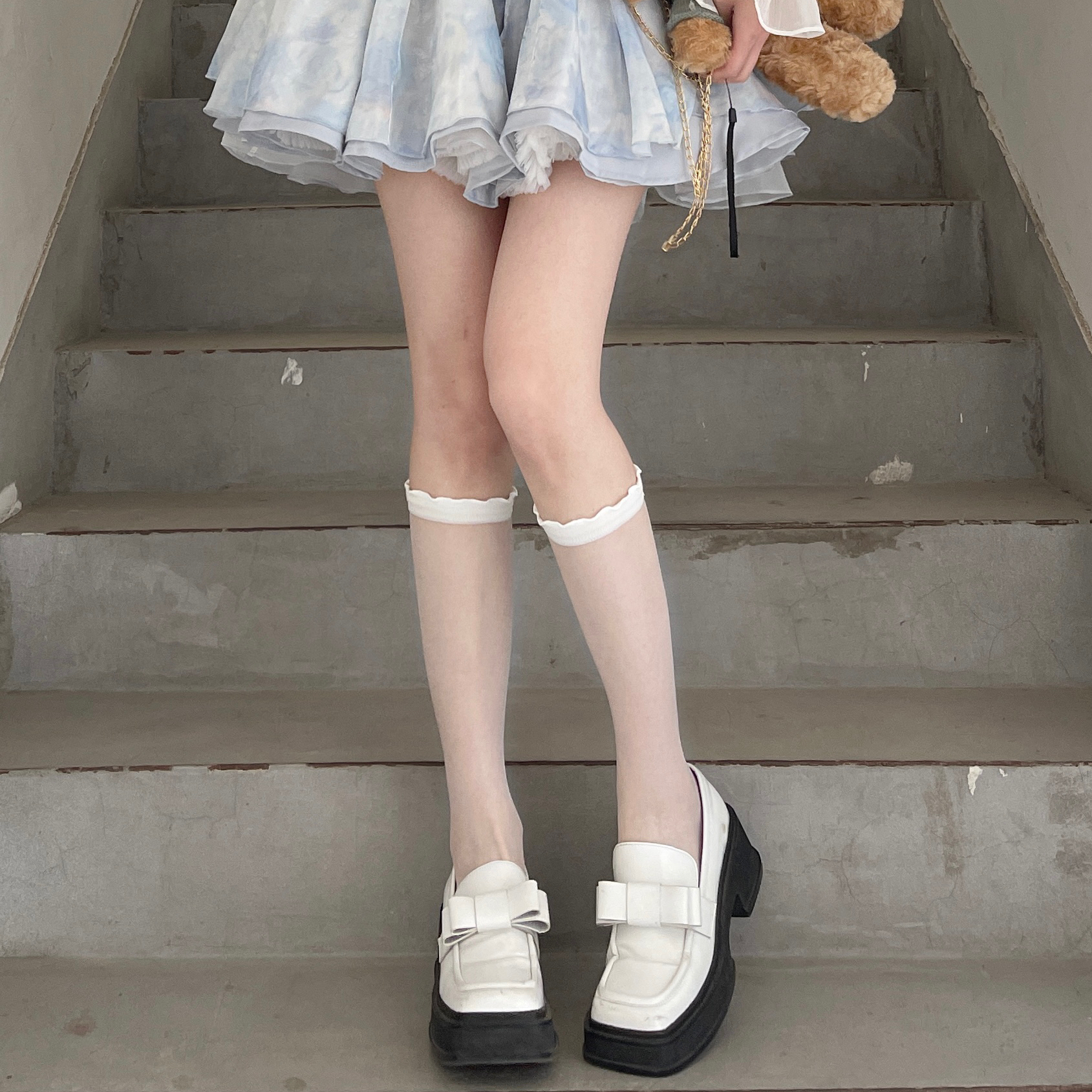 春夏水晶丝玻璃透明木耳边堆堆袜