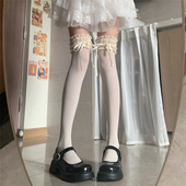 AYTofilms 奶白天鹅绒高筒袜纯欲日系花边春夏jk丝带蝴蝶结大腿袜
