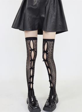 AYTo films甜酷辣妹镂空蝴蝶结过膝袜黑色显瘦性感蕾丝高筒大腿袜