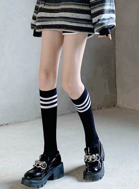 AY To films 学院风秋冬棉质中筒袜三条杠JK小腿袜条纹黑白色袜子