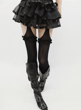 AYTofilms 厚黑吊带袜花边蝴蝶结镂空性感辣妹微透肉天鹅绒打底裤