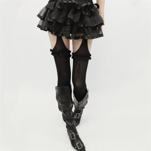 AYTofilms 厚黑吊带袜花边蝴蝶结镂空性感辣妹微透肉天鹅绒打底裤