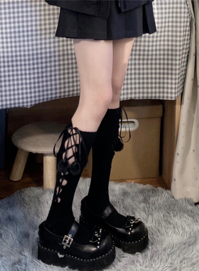 AY To films 可爱毛球镂空绑带小腿袜甜辣妹堆堆袜黑色JK中筒袜子