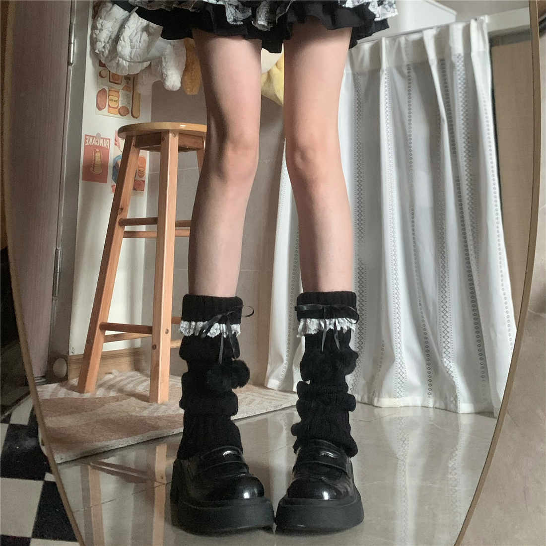 保暖女针织毛球蕾丝花边袜套腿套