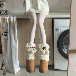 洛丽塔少女毛球保暖腿套秋冬加厚可爱毛绒绒奶白袜套 films