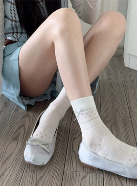 AYTofilms春夏中筒韩风ins皮质蝴蝶结少女袜子无骨网眼镂空堆堆袜