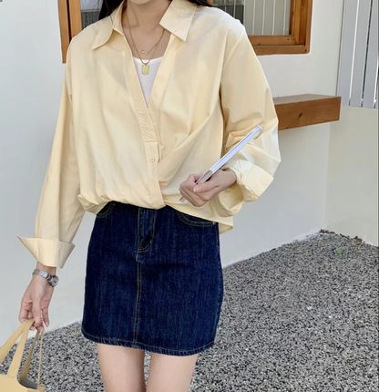 韩系chic别致甜美粉色衬衫2023春装宽松慵懒风休闲衬衣短款假两件