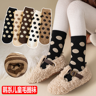 韩版 加绒加厚毛圈袜ins男女童可爱高腰保暖袜 波点儿童长筒袜冬季