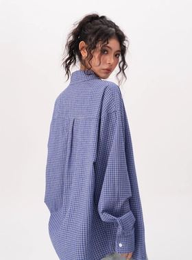 美式蓝色格子长袖衬衫设计感高级翻领衬衣男cleanfit休闲上衣潮