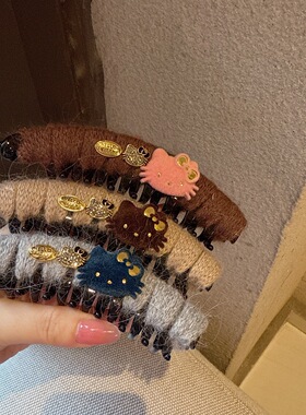 韩系秋冬毛线可爱小猫咪AB面香蕉夹高端时髦洋气减龄发夹马尾竖夹