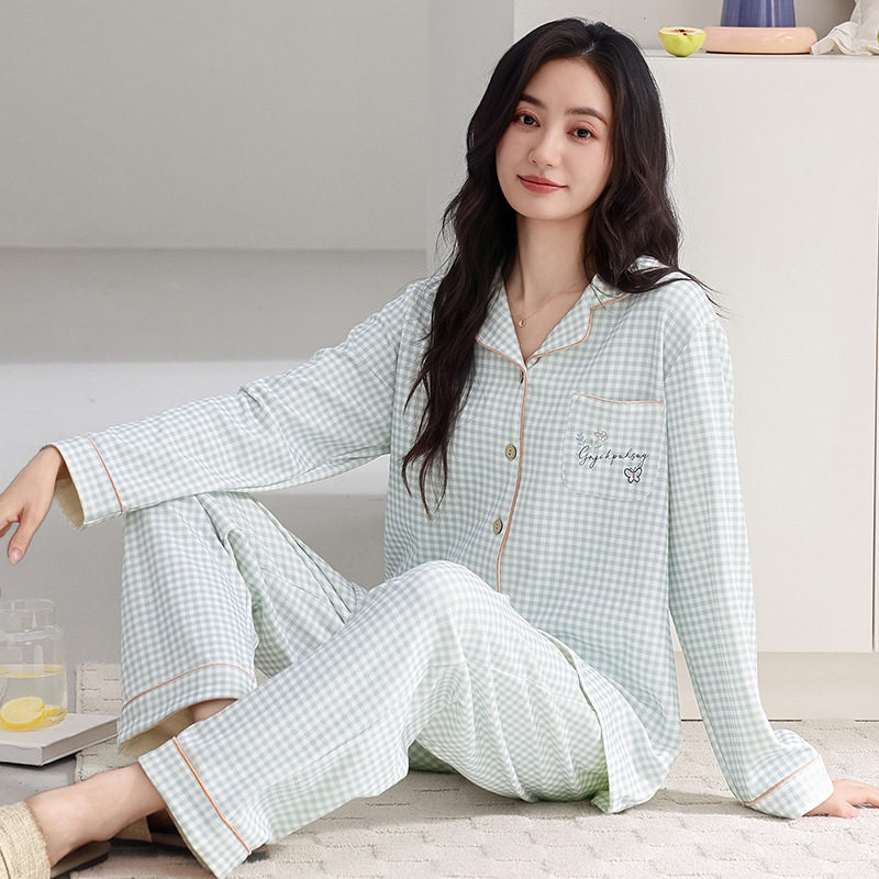 春秋睡衣女款纯棉长袖薄款可外穿开衫格子简约新款全棉家居服套装