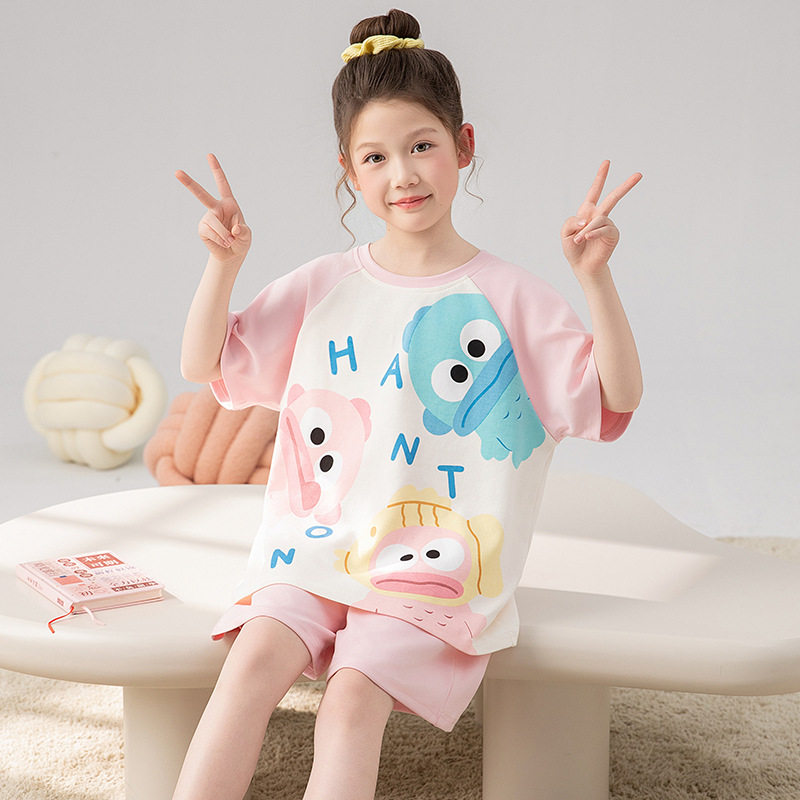 100%纯棉中大童儿童睡衣夏季女童卡通短袖短裤家居服女孩套装新款