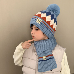 儿童针织帽秋冬季新款加绒菱形格宝宝保暖护耳帽男女童毛线帽婴童