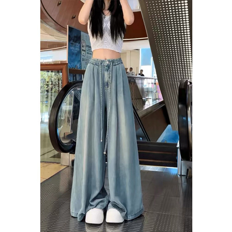 大码垂感牛仔裤女2025年夏季薄款胖mm宽松显瘦高腰直筒阔腿长裤子