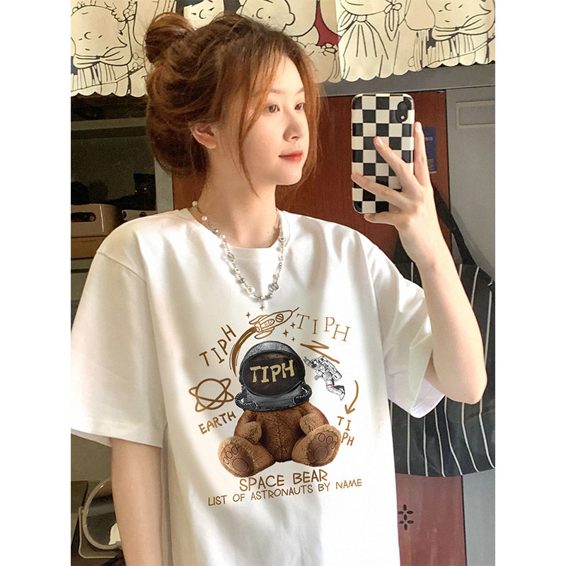 卡通小熊少女T恤春装新款2025夏季短袖小个子设计感小众白色上衣