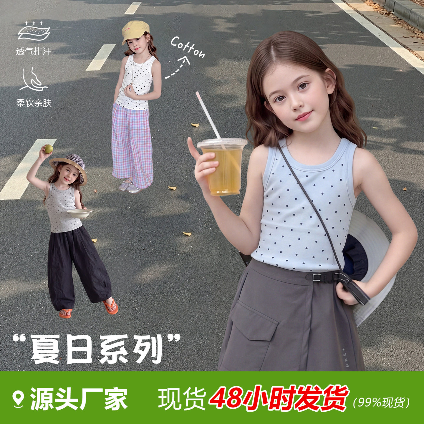 夏日韩版基础款波点女童背心 女宝内搭外穿弹力修身纯棉小背心