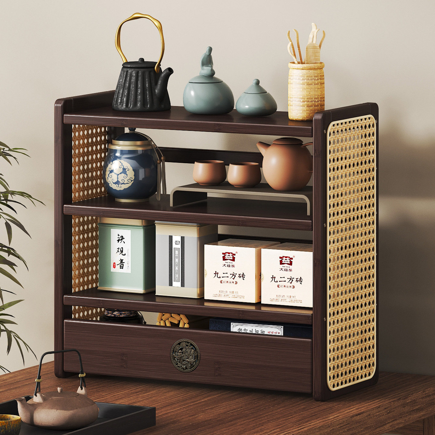 藤织编桌面置物架家用家居日用整理架茶室陶瓷杯具杯子摆放收纳架