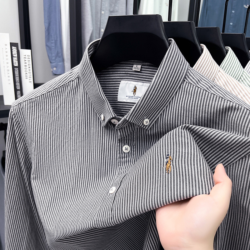 外贸品牌刺绣条纹衬衫男秋季100%纯棉翻领衬衫长袖男士高级感批发