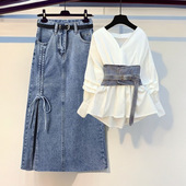 套装 设计感小众收腰衬衫 女2026新款 女装 牛仔半身裙两件套 大码 春季