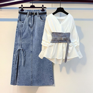 春季套装女2026新款大码女装设计感小众收腰衬衫牛仔半身裙两件套