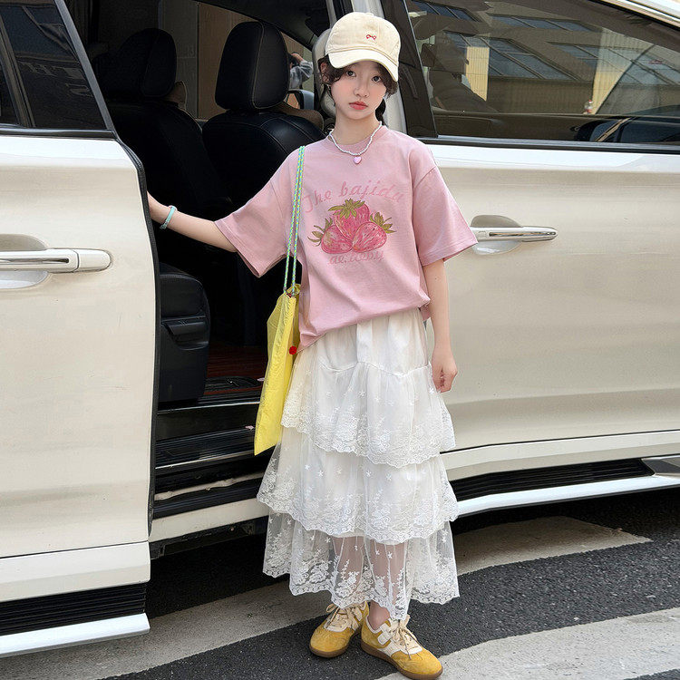 女童2026夏季新款草莓短袖蛋糕裙套装中大童学生夏款裙子两件套潮