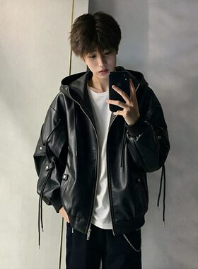机车服夹克面男解构雾黑色连帽痞帅美式外套秋季高级潮牌PU感皮衣
