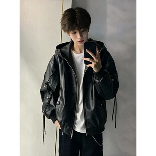 机车服夹克面男解构雾黑色连帽痞帅美式外套秋季高级潮牌PU感皮衣