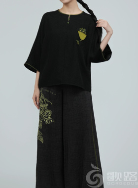 歌路丝高端精致极简复古风设计感独特桑蚕丝香云纱中袖上衣00749