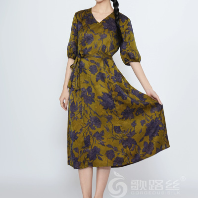 歌路丝真丝桑蚕丝香云纱连衣裙长款裙子01414