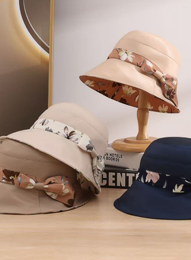 春夏季防晒遮阳女防紫外线渔夫帽蝴蝶结太阳帽优雅气质帽子00716