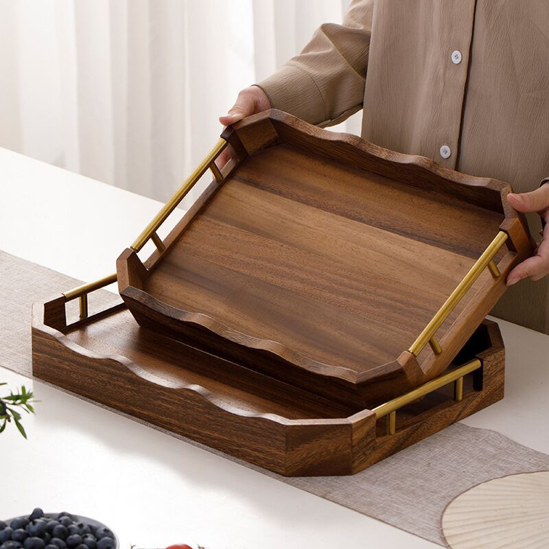 轻奢复古波浪金属提手托盘家用胡桃木托盘茶杯酒店面包糕点托盘