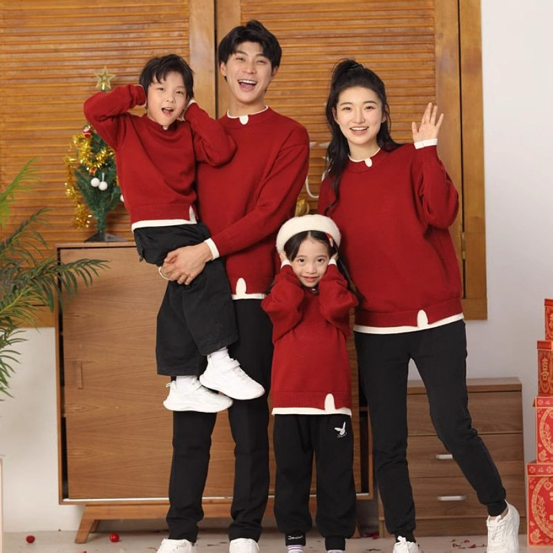 红色棉质不起球新年假两件套加厚一家三口四口亲子装休闲百搭