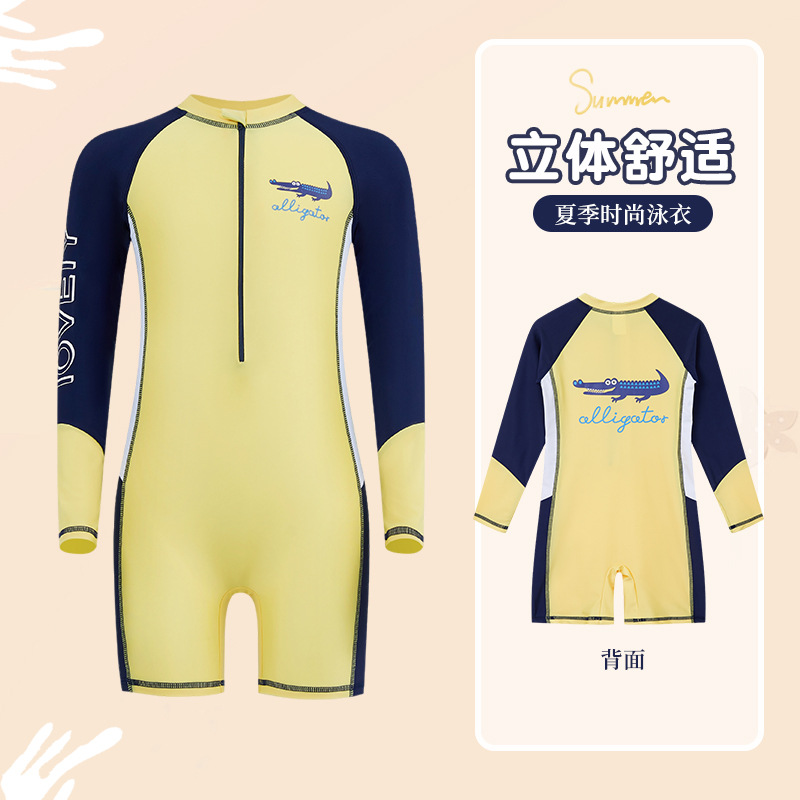 儿童泳衣连体2025新款训练长袖防晒男孩中大童游泳衣卡通鳄鱼