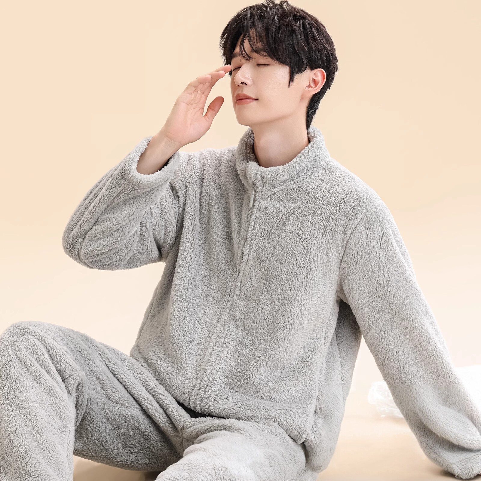 男士睡衣男款珊瑚绒加绒加厚秋冬季青少年宽松保暖家居服套装拉链