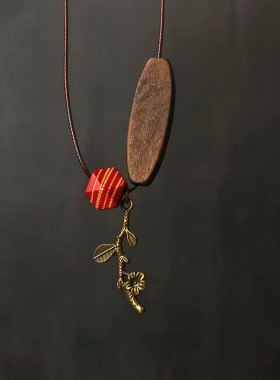 新中式禅意异形木珠青铜梅花树枝项链女波西米亚民族风长款毛衣链