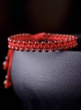 手工编织红玛瑙石榴石本命年手链原创手环礼物男女宽手饰品情人节