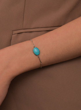 子木。复古时尚几何椭圆形绿松石手链可调节手链森系饰品