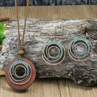 复古木质项链套装圆形木圈长款女春夏文艺范毛衣链民族风棉麻配饰