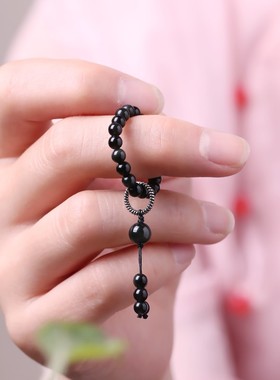 天然黑曜石小手捻文玩迷你手持极细手捻珠925银环念珠戒指女款