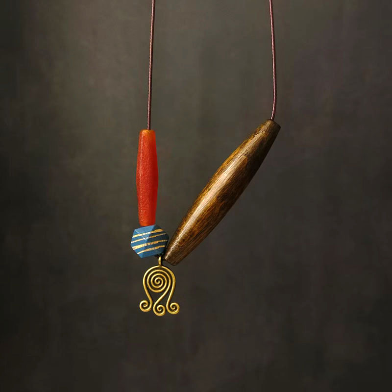 新中式禅意老玛瑙异形木珠项链女波西米亚民族风长款毛衣链配饰