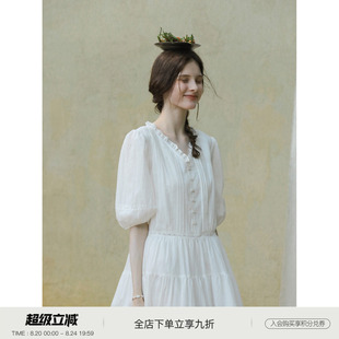 MELLIIY 2026年新款法式泡泡袖V领花边连衣裙女夏温柔感白色长裙