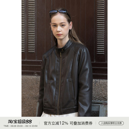 MELLIIY复古立领PU皮夹克女