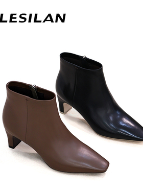 爱乐诗兰秋冬新款爆款胎牛皮小方尖头粗跟短靴拉链款4D07411/421