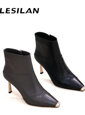 爱乐诗兰真皮法式气质金属尖头细高跟瘦瘦短靴4d28