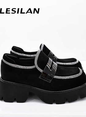爱乐诗兰厚底水钻漆皮绒豆豆乐福单鞋子春夏新女款黑色英伦风8035