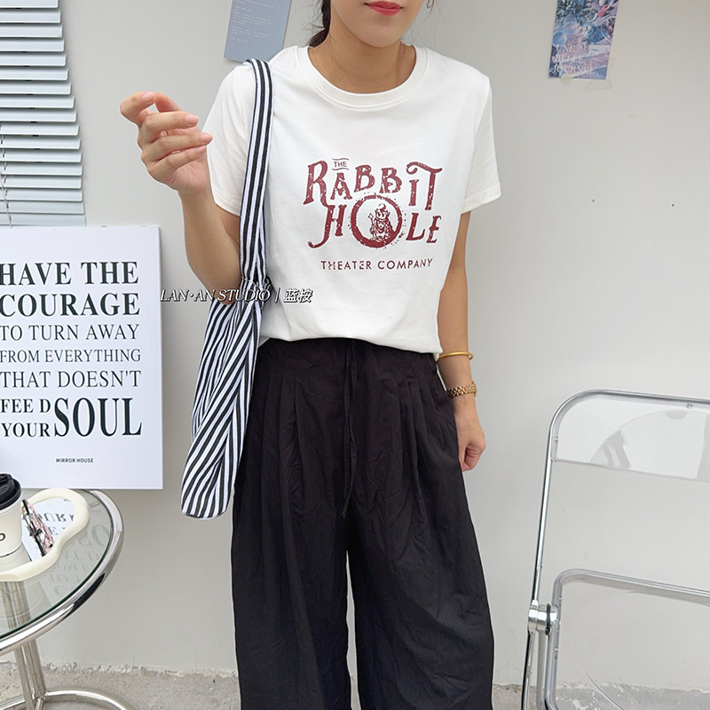 夏季圆领短袖奥代尔拉架棉字母印花休闲T恤女装均码百搭修身正肩