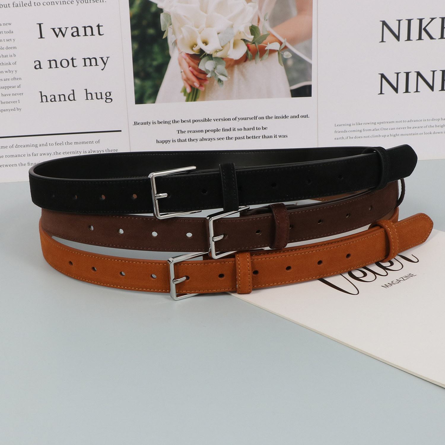 韩国东大门美拉德反绒二层牛皮腰带搭配大衣牛仔裤鹿皮绒磨砂皮带