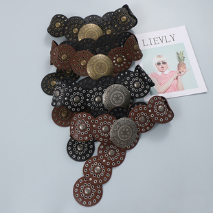 复古盘扣镂空圆圈亚文化嬉皮士柳钉PU皮宽腰带装饰皮带外搭腰封女